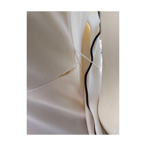 70s Ivory Maxi Dress Brown Ruffle Trim V Neck Flutter Cap Sleeve Oversize Collar - Picture 12 of 14